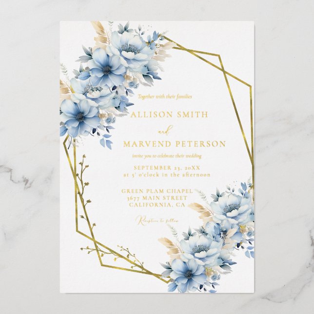 Invitation En Aluminium Élégant Mariage de trame géométrique Floral bleu (Recto)