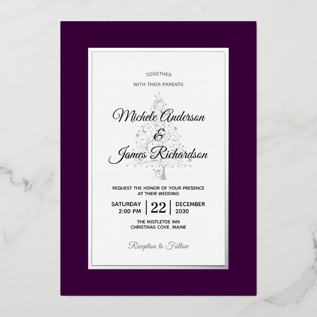 Invitation En Aluminium Élégant Mariage de vacances d'hiver violet (Recto)