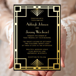 Invitation En Aluminium Élégant Mariage Déco Vintage 1920s Or Noir Geo
