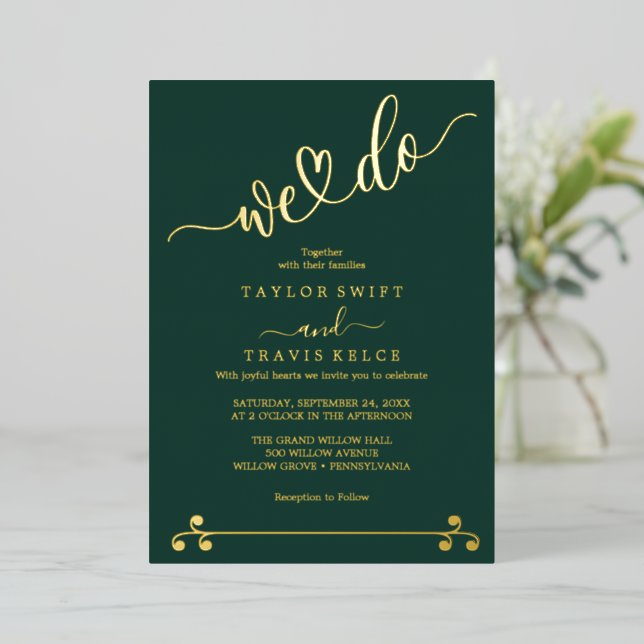 Invitation En Aluminium Élégant Mariage d'émeraude à huile d'or (Debout devant)