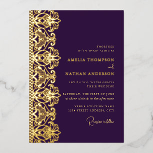 Invitation En Aluminium Élégant Mariage Doré Violet Dentelle Feuille