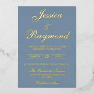 Invitation En Aluminium Elégant Mariage Dusty Blue et Gold Foil