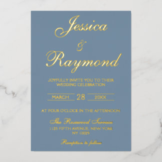 Invitation En Aluminium Elégant Mariage Dusty Blue et Gold Foil