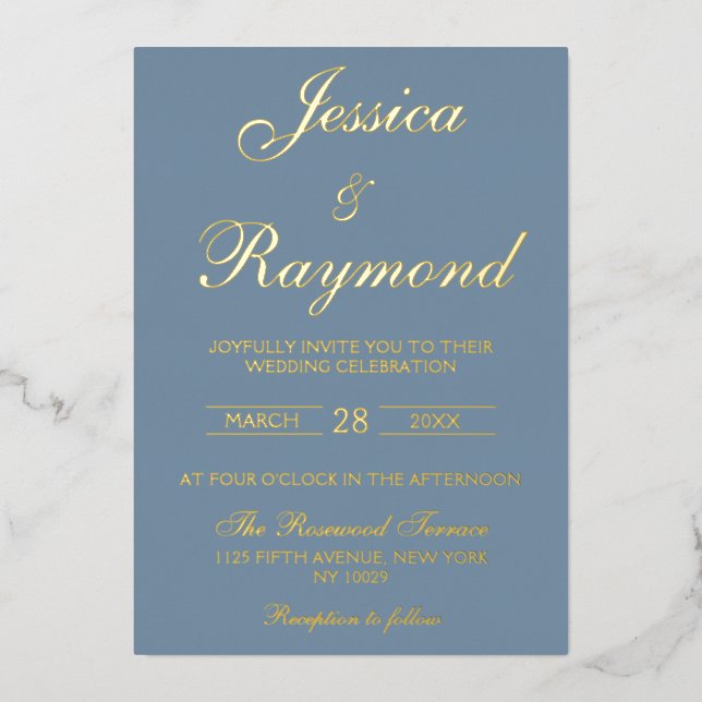 Invitation En Aluminium Elégant Mariage Dusty Blue et Gold Foil (Recto)