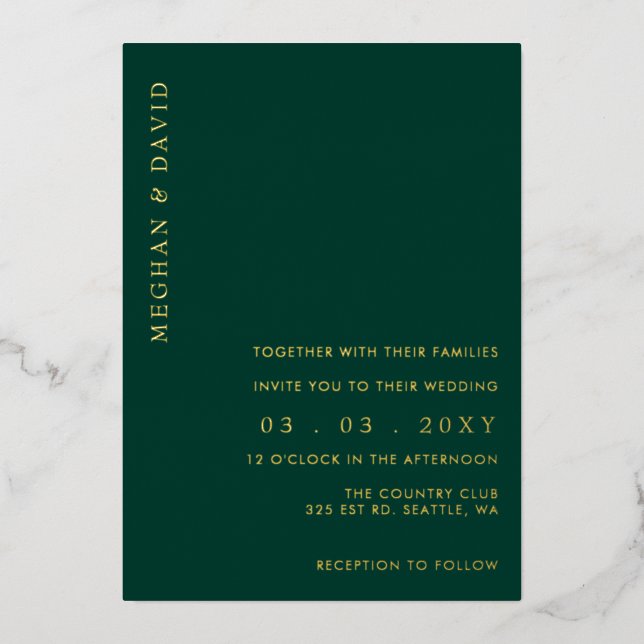 Invitation En Aluminium Élégant Mariage Emerald Green Gold (Recto)
