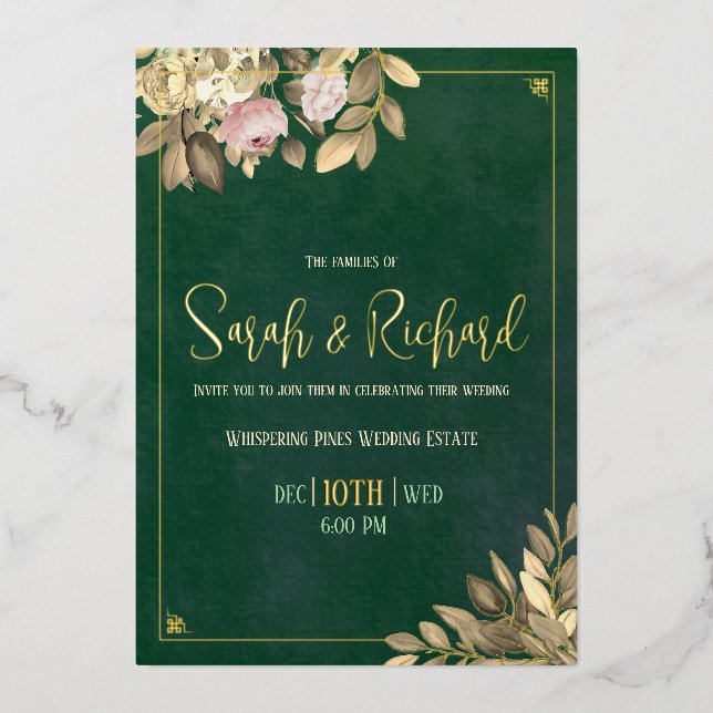 Invitation En Aluminium Élégant Mariage Emerald Green Gold (Recto)