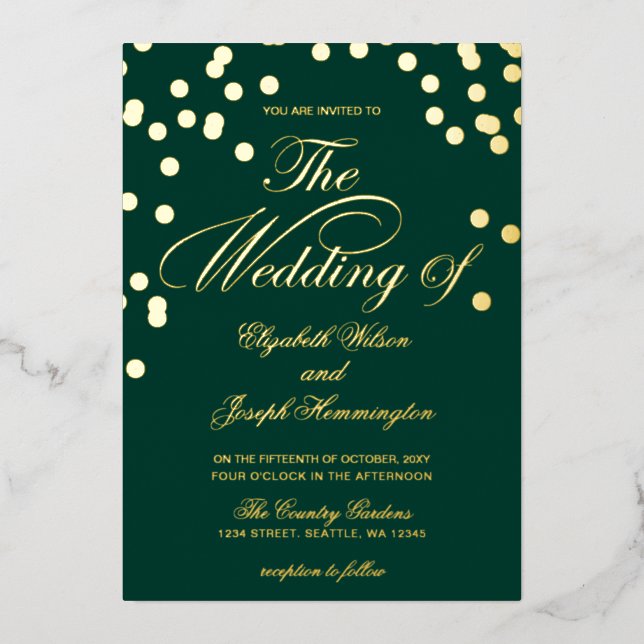 Invitation En Aluminium Élégant Mariage Emerald Green Gold Confetti (Recto)