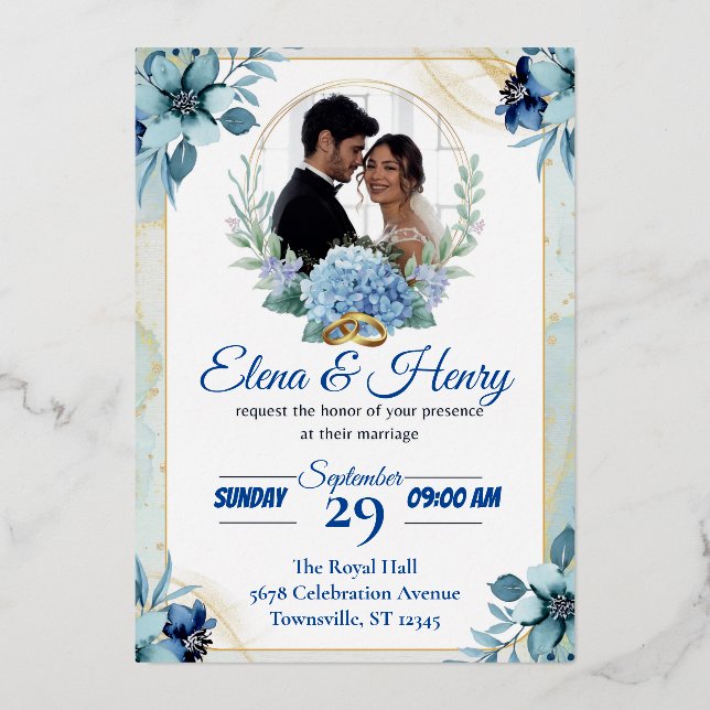 Invitation En Aluminium Élégant mariage Fleur sauvage bleu (Recto)