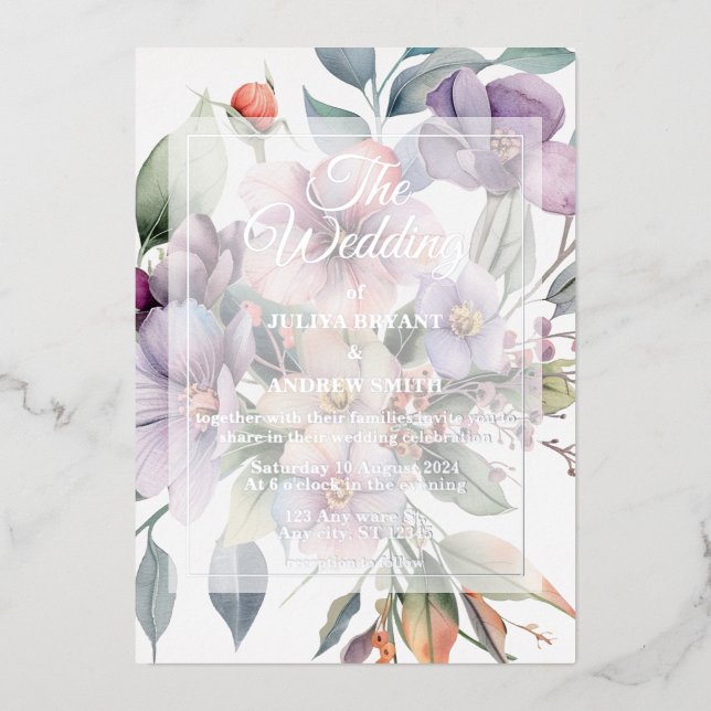 Invitation En Aluminium Élégant Mariage floral argenté transparent (Recto)