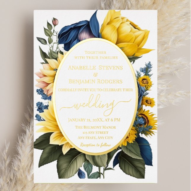 Invitation En Aluminium Élégant Mariage floral jaune et bleu brillant (Créateur téléchargé)