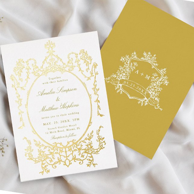 Invitation En Aluminium Elégant Mariage Floral Victorian Frame Or (Front & Back)