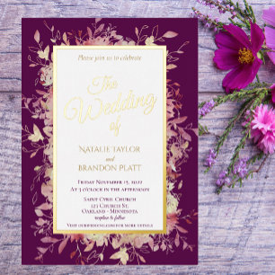 Invitation En Aluminium Élégant mariage floral violet foncé or