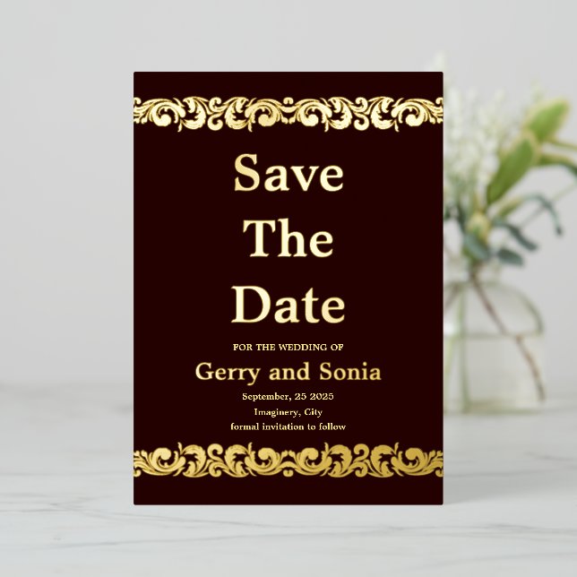 Invitation En Aluminium Élégant Mariage Flourdissant Or Économisez La Date (Debout devant)