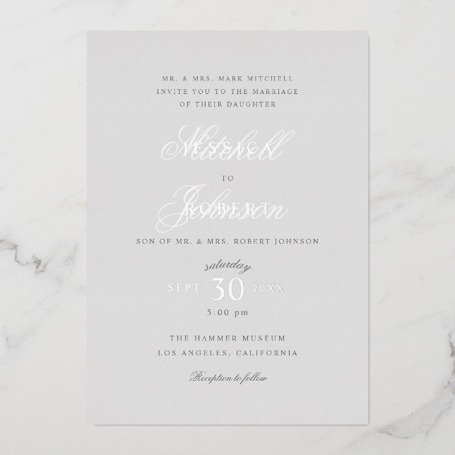 Invitation En Aluminium Elégant Mariage gris argent (Recto)