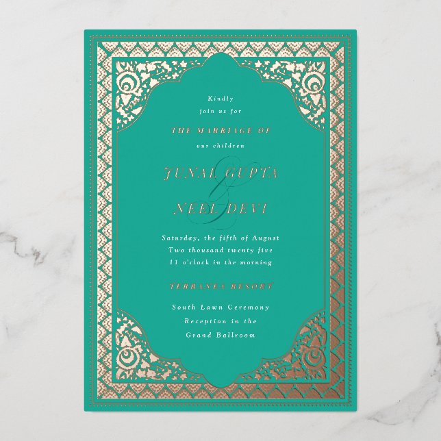 Invitation En Aluminium Élégant Mariage indien du cadre de l'ornement hind (Recto)