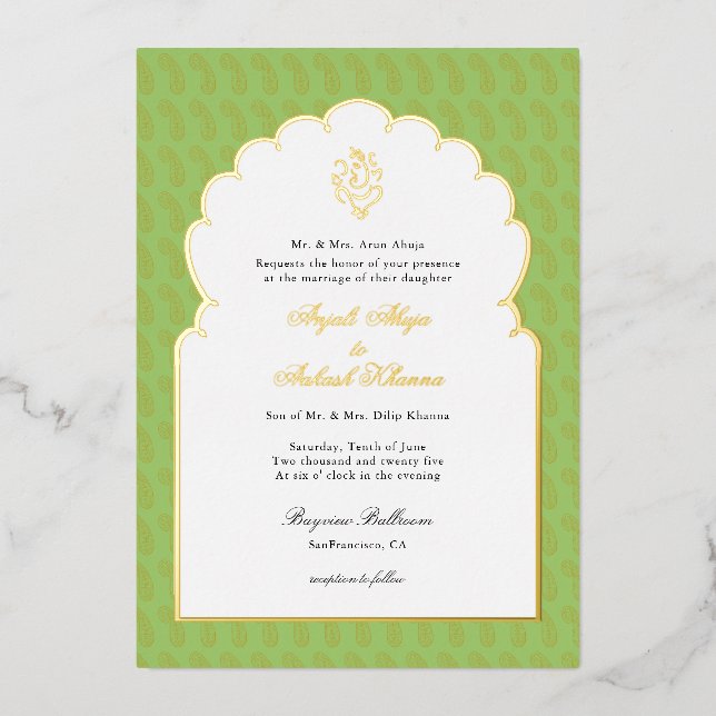 Invitation En Aluminium Elegant mariage indien Ganesh Mint vert et or (Recto)