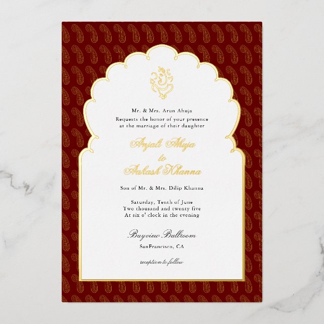 Invitation En Aluminium Elegant mariage indien Ganesh Rouge et or I (Recto)