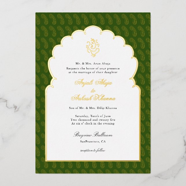 Invitation En Aluminium Élégant mariage indien Ganesh Vert foncé et or (Recto)