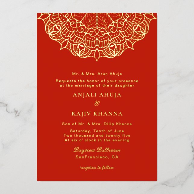 Invitation En Aluminium Élégant mariage indien Mandala rouge et or (Recto)
