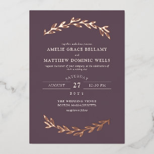 Invitation En Aluminium Élégant mariage mauve foncé et verdure or rose