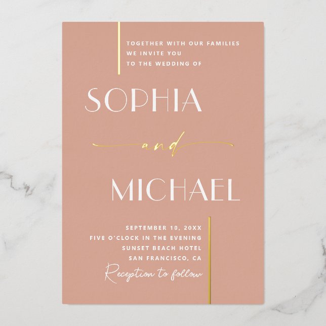 Invitation En Aluminium Élégant mariage moderne doré rose pastel minimalis (Recto)