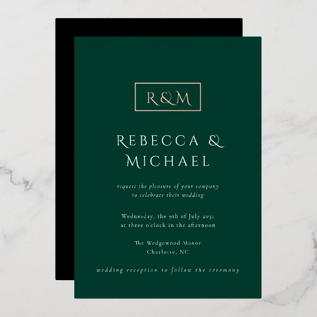 Invitation En Aluminium Élégant Mariage Monogramme Emerald Green (Recto/Verso)