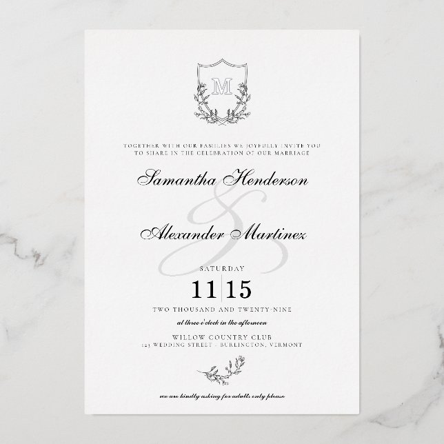 Invitation En Aluminium Élégant Mariage noir et blanc (Recto)