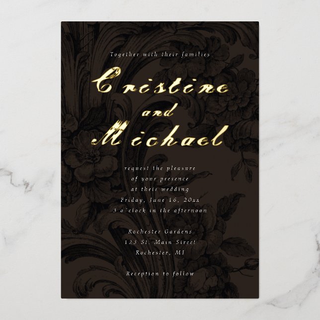 Invitation En Aluminium Élégant mariage ornemental fleurs or (Recto)