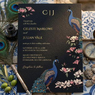 Invitation En Aluminium Élégant Mariage Paon Floral Noir Or