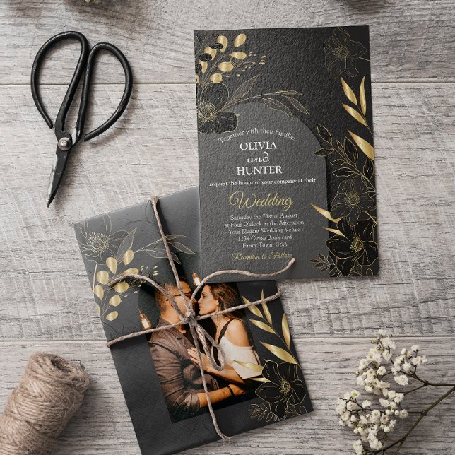Invitation En Aluminium Élégant Mariage photo floral noir et or (Créateur téléchargé)