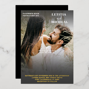 Invitation En Aluminium Élégant Mariage photo noir blanc & or Foil Inv