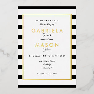Invitation En Aluminium Élégant Mariage Rayure Noir Et Blanc Or