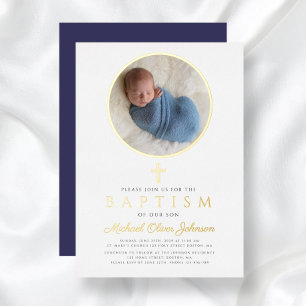 Invitation En Aluminium Elégant Marine Bleu Garçon Photo Religieux Baptême