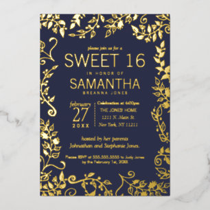 Invitation En Aluminium Elégant Marine Bleu Vrai Or Floral Sweet 16