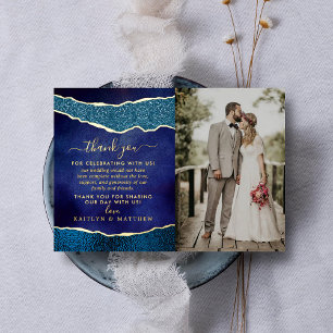 Invitation En Aluminium Elégant Marine Blue & Gold Agate Mariage Merci