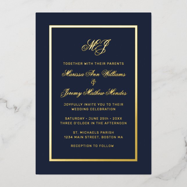 Invitation En Aluminium Élégant Marine Blue Gold Calligraphy Script Mariag (Recto)