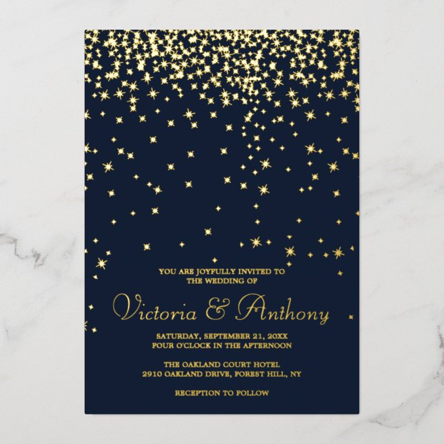 Invitation En Aluminium Elégant Marine & Gold Falling Stars Mariage Real (Recto)