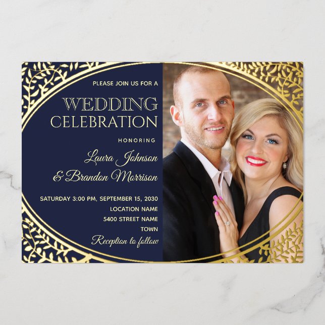 Invitation En Aluminium Elegant Marine Mariage photo Gold (Recto)