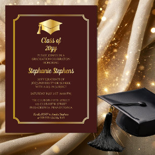 Invitation En Aluminium Élégant Maroon University Graduation Party Gold