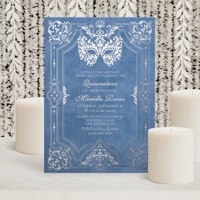 Invitation En Aluminium Elégant Mascarade Bleue Mascaré Quinceanera (Créateur téléchargé)