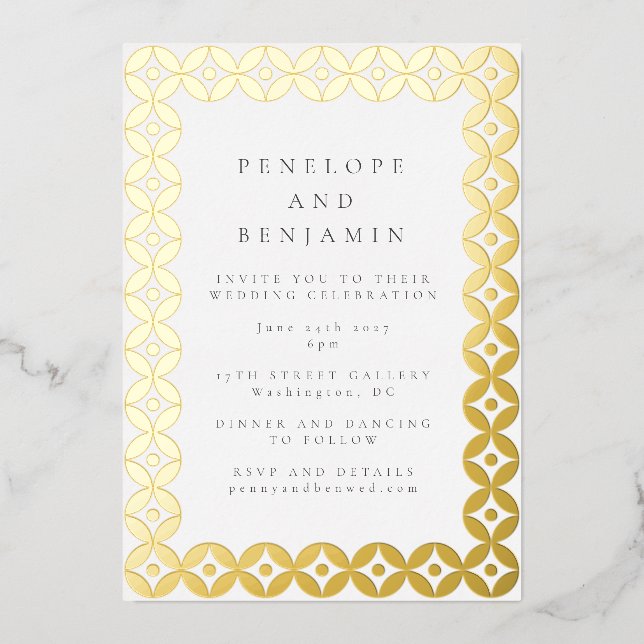 Invitation En Aluminium Elégant Mid Mod Mariage géométrique Chic White Gol (Recto)