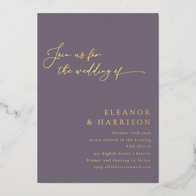 Invitation En Aluminium Élégant minimal moderne violet Script Mariage or (Recto)