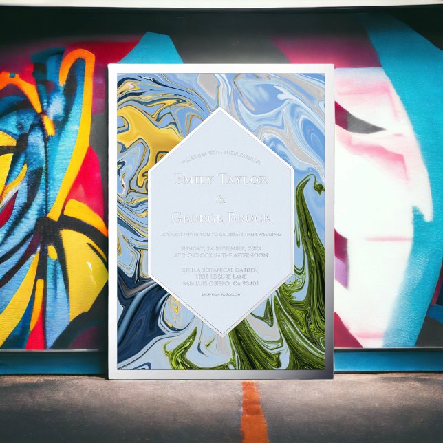 Invitation En Aluminium Elégant minimal Vert Bleu Abstrait Mariage argent (Créateur téléchargé)