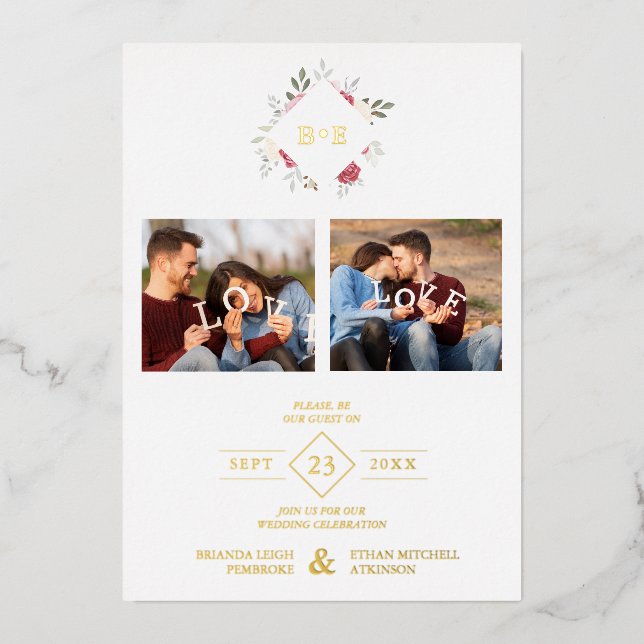 Invitation En Aluminium Elegant Modern Initials Floral Diamond 2 Photos (Recto)