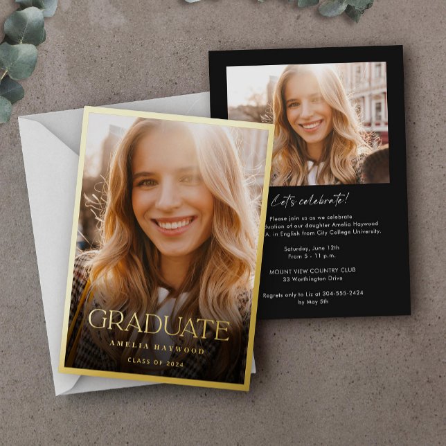 Invitation En Aluminium Elégant Modern Photo Gold Graduation Party (Créateur téléchargé)