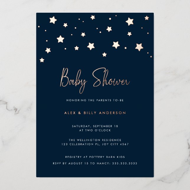 Invitation En Aluminium Elégant moderne bleu foncé étoiles Parents Baby sh (Recto)