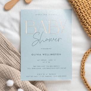 Invitation En Aluminium Élégant Moderne Bleu Script Baby Shower Or