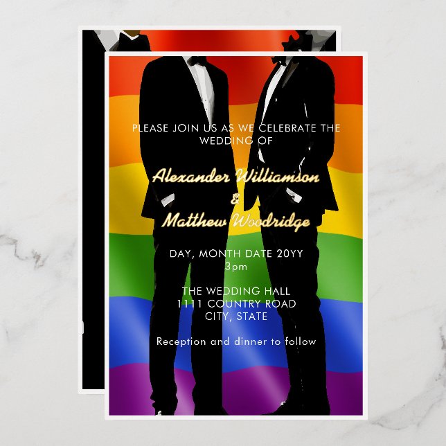 Invitation En Aluminium Elégant moderne Hommes gais Mariage Rainbow Gold (Recto/Verso)