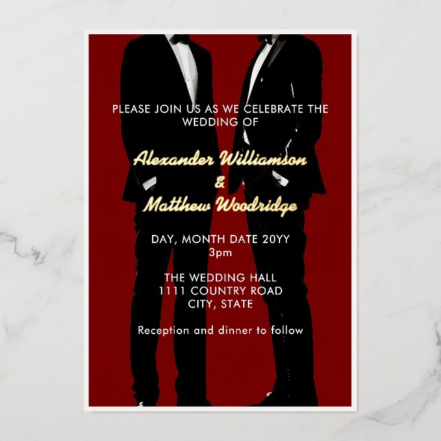 Invitation En Aluminium Elégant moderne Hommes Gay Mariage Or (Recto)