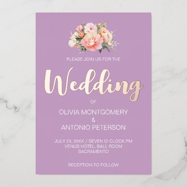 Invitation En Aluminium Élégant moderne Peony rose clair Mariage Lilac (Recto)